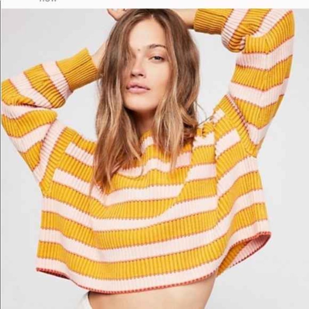 FREE PEOPLE YELLOW BEIGE JUST MY STRIPE CROPPED PULLOVER SWEATER L NWT